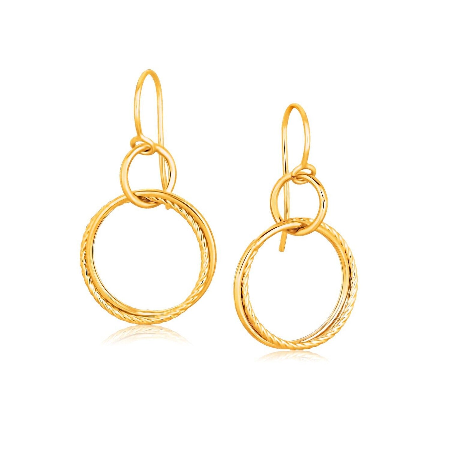 14K Yellow Gold Dangling Earrings with Textured Interwoven Rings