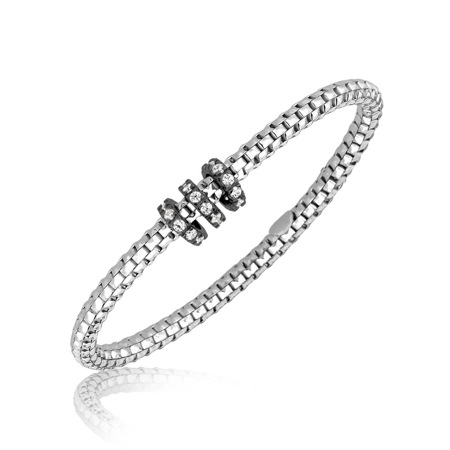 Sterling Silver Rhodium Plated Mesh Slim Bangle with Crystal Studded Stations