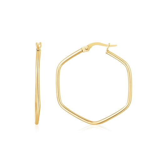 14K Yellow Gold Hexagon Hoop Rounded Edge Earrings