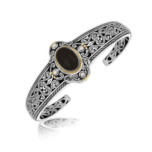 18K Yellow Gold and Sterling Silver Bangle with an Oval Black Onyx and Pearls