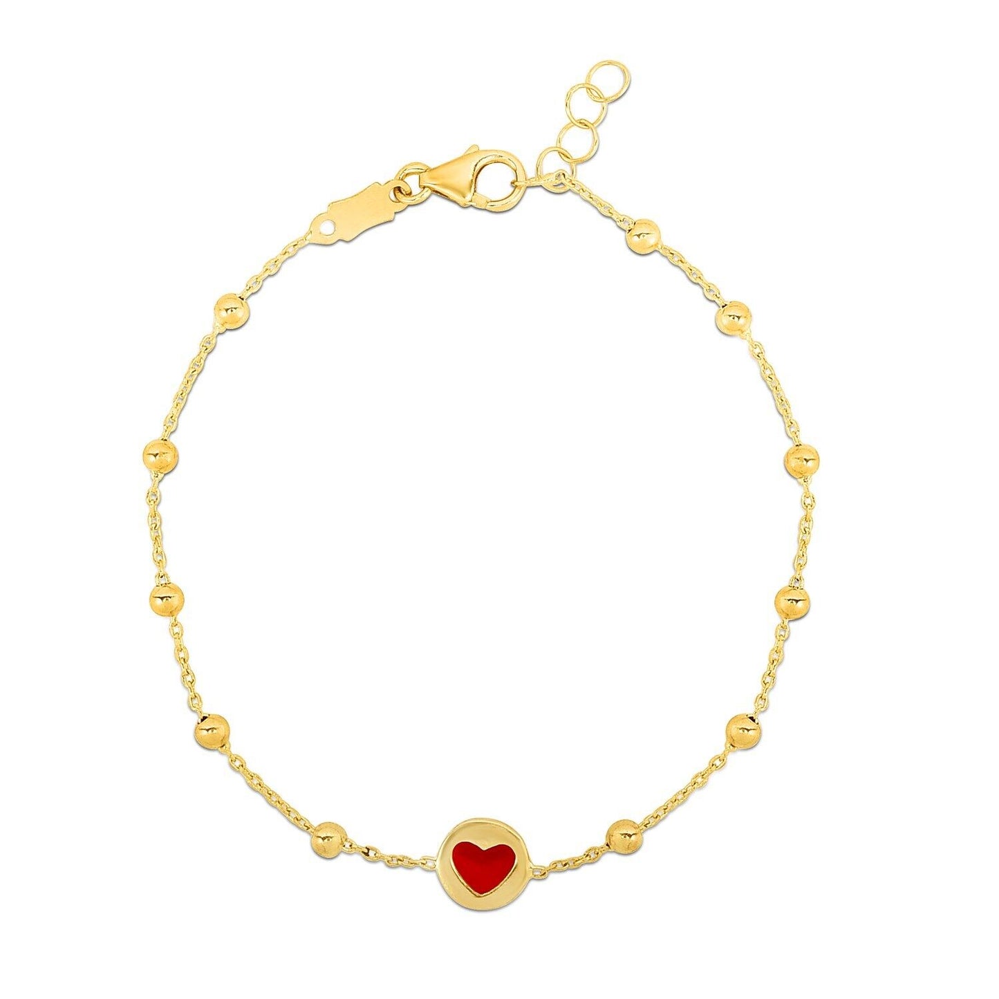 14k Yellow Gold Childrens Bracelet with Beads and Enameled Heart