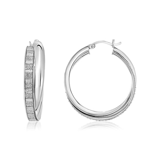 Sterling Silver Hoop Earrings with Glitter Texture in Square Pattern