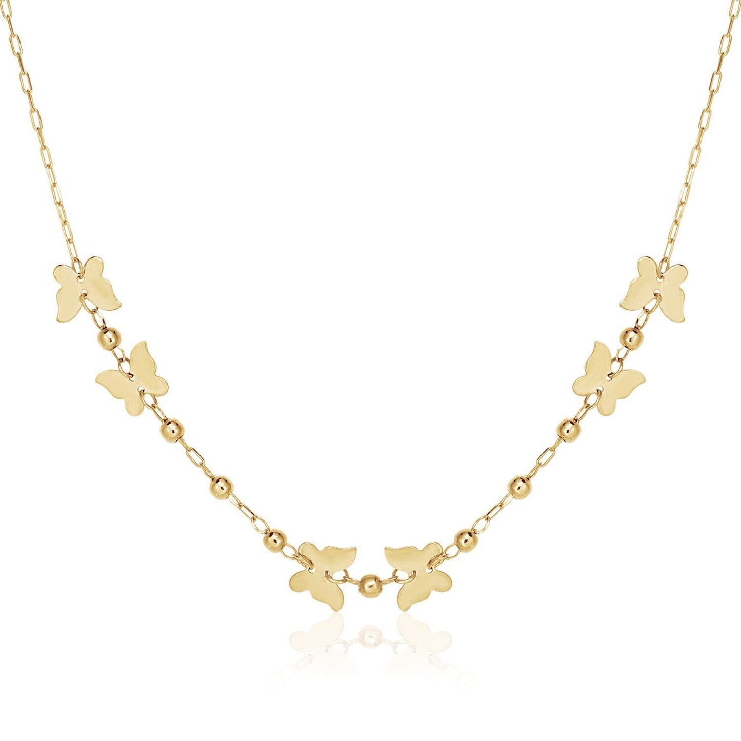 14k Yellow Gold 18 inch Necklace with Polished Butterflies and Beads