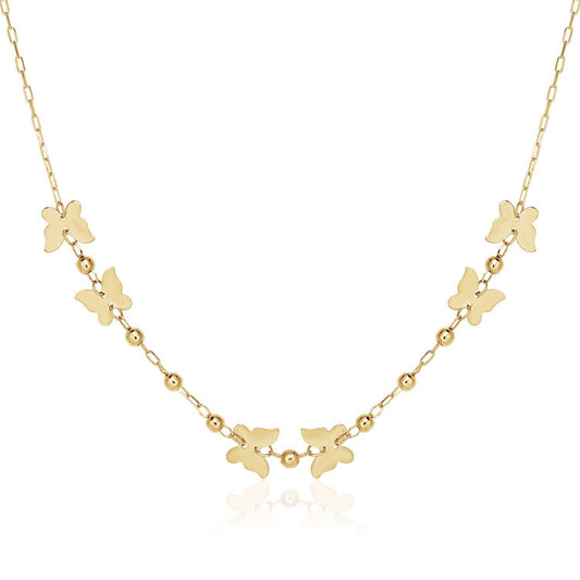 14k Yellow Gold 18 inch Necklace with Polished Butterflies and Beads