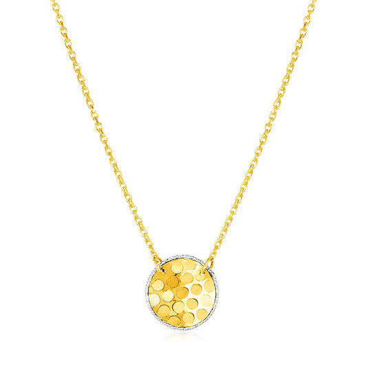 14k Yellow Gold Textured Circle Necklace with White Gold Details