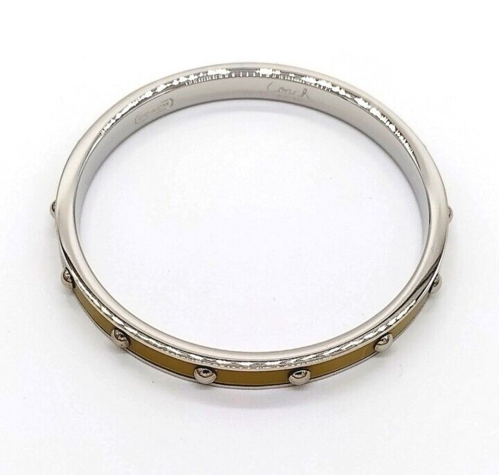 $68 COACH Silver Tone Quarter Inch Nail Head Stud Yellow Bangle Bracelet NWOT