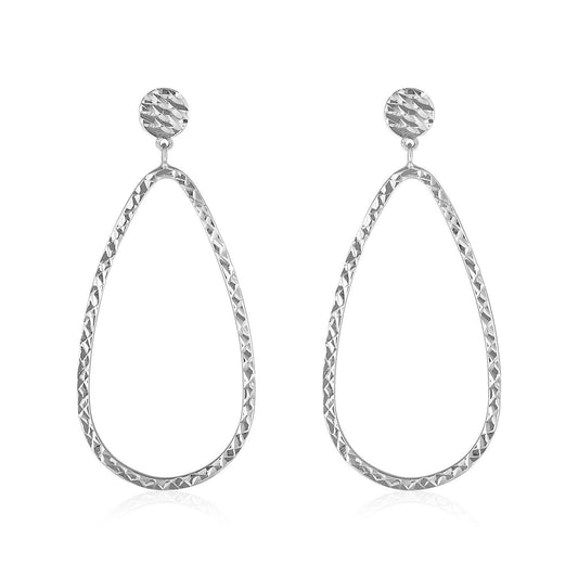 14k White Gold Textured Teardrop Motif Post Earrings