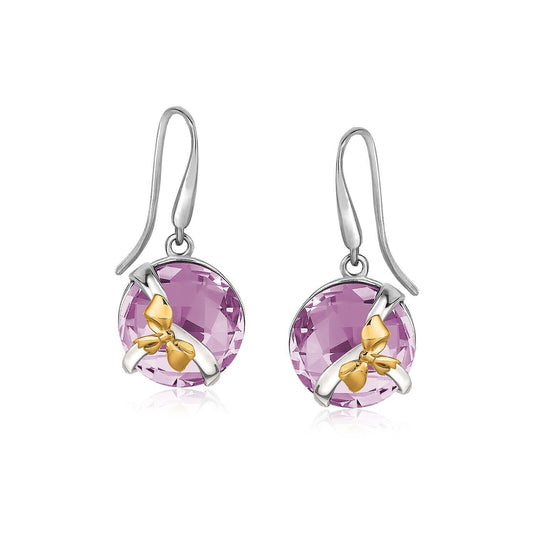 18K Yellow Gold and Sterling Silver Bow Style Round Pink Amethyst Drop Earrings