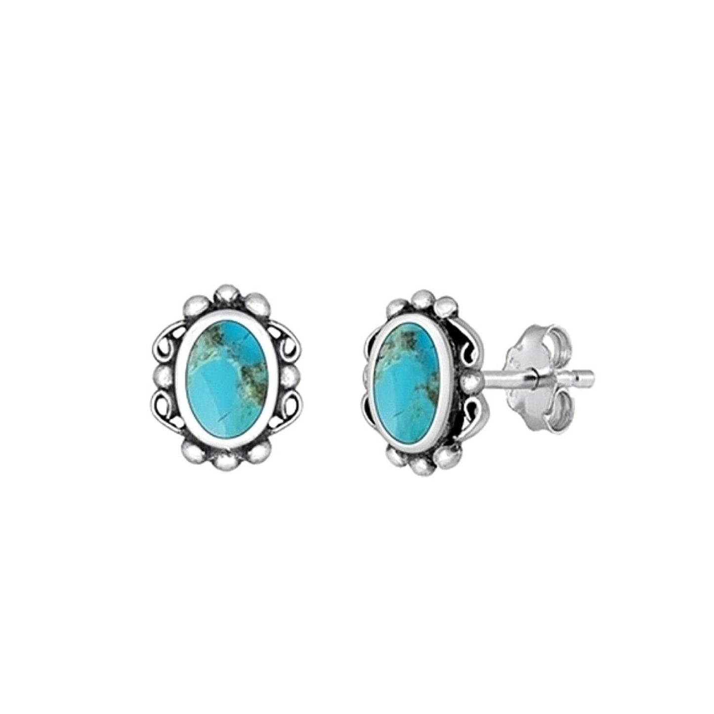 10MM Sterling Silver Oxidized Turquoise Bali Stud High Polished Earrings 925