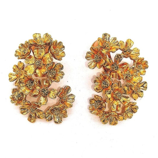 18K Gold plated Oscar De La Renta Flower Floral Drop Dangle Clip on Earrings