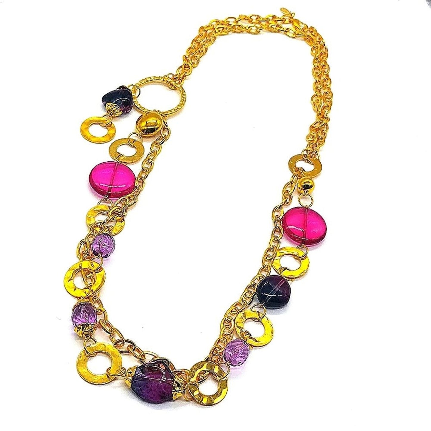 $55 CHICO'S Gold hammered double strand Purple Gem Layered Necklace NWOT