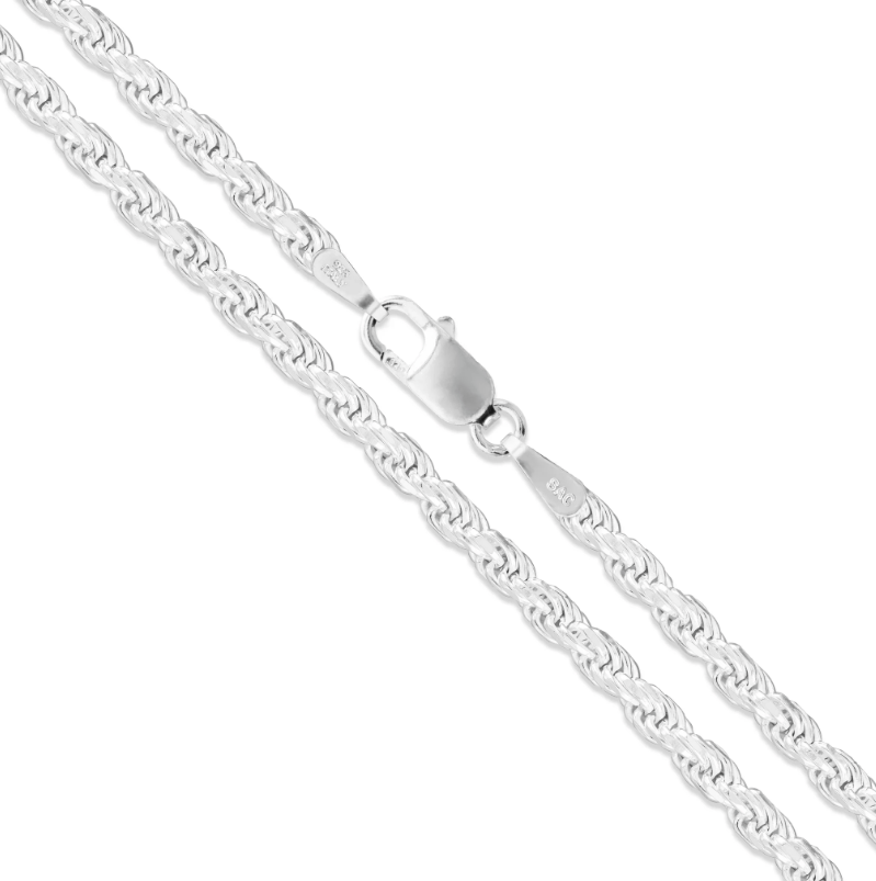 3MM Solid 925 Sterling Silver Italian DIAMOND CUT ROPE CHAIN Necklace ITALY