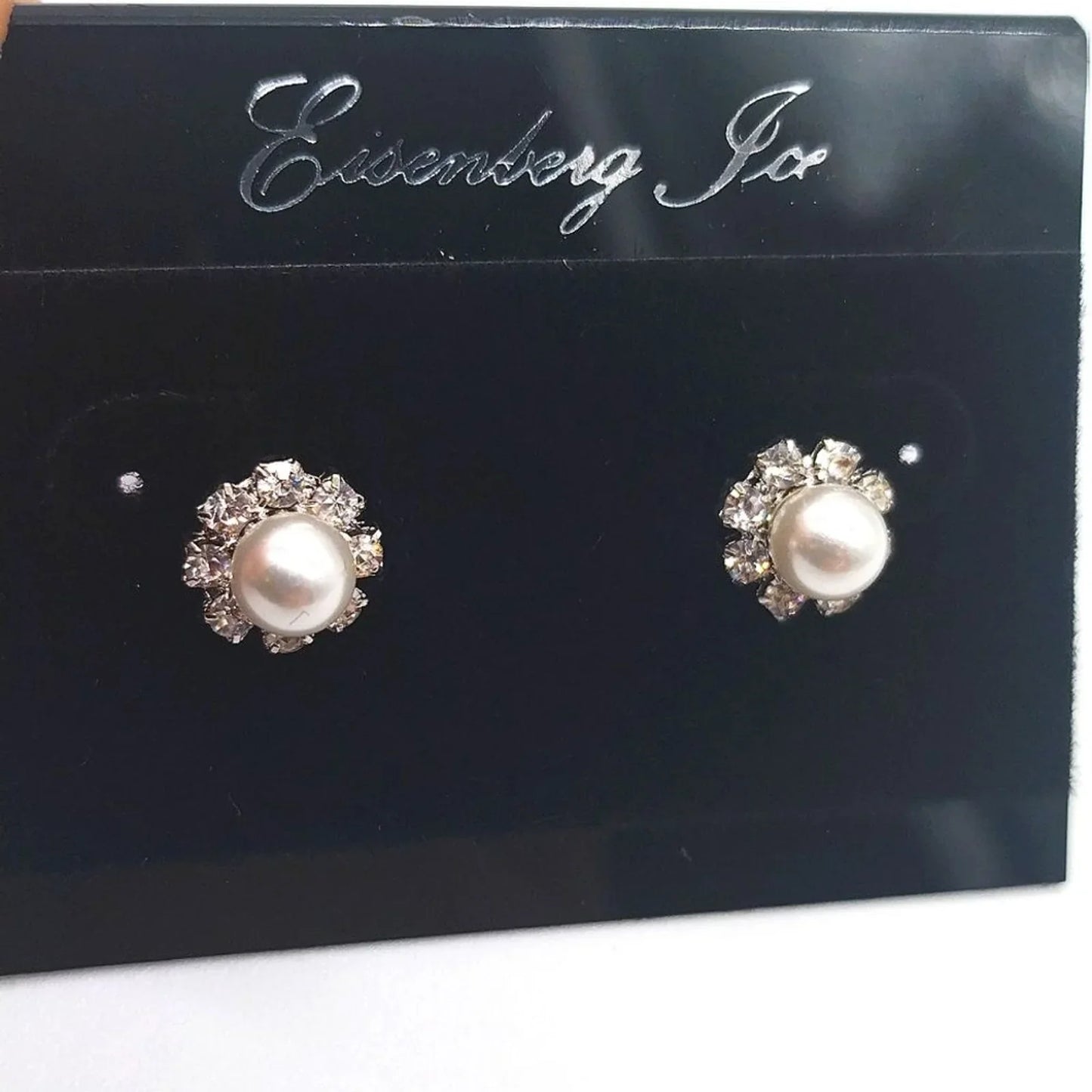 Vintage Eisenberg Ice Pearl Flower Pave Cubic Zirconia Silver Stud Earrings