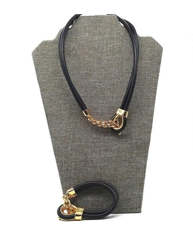 Alexander McQueen Double Layered Black Gold Rubber Corded Bracelet Necklace Set
