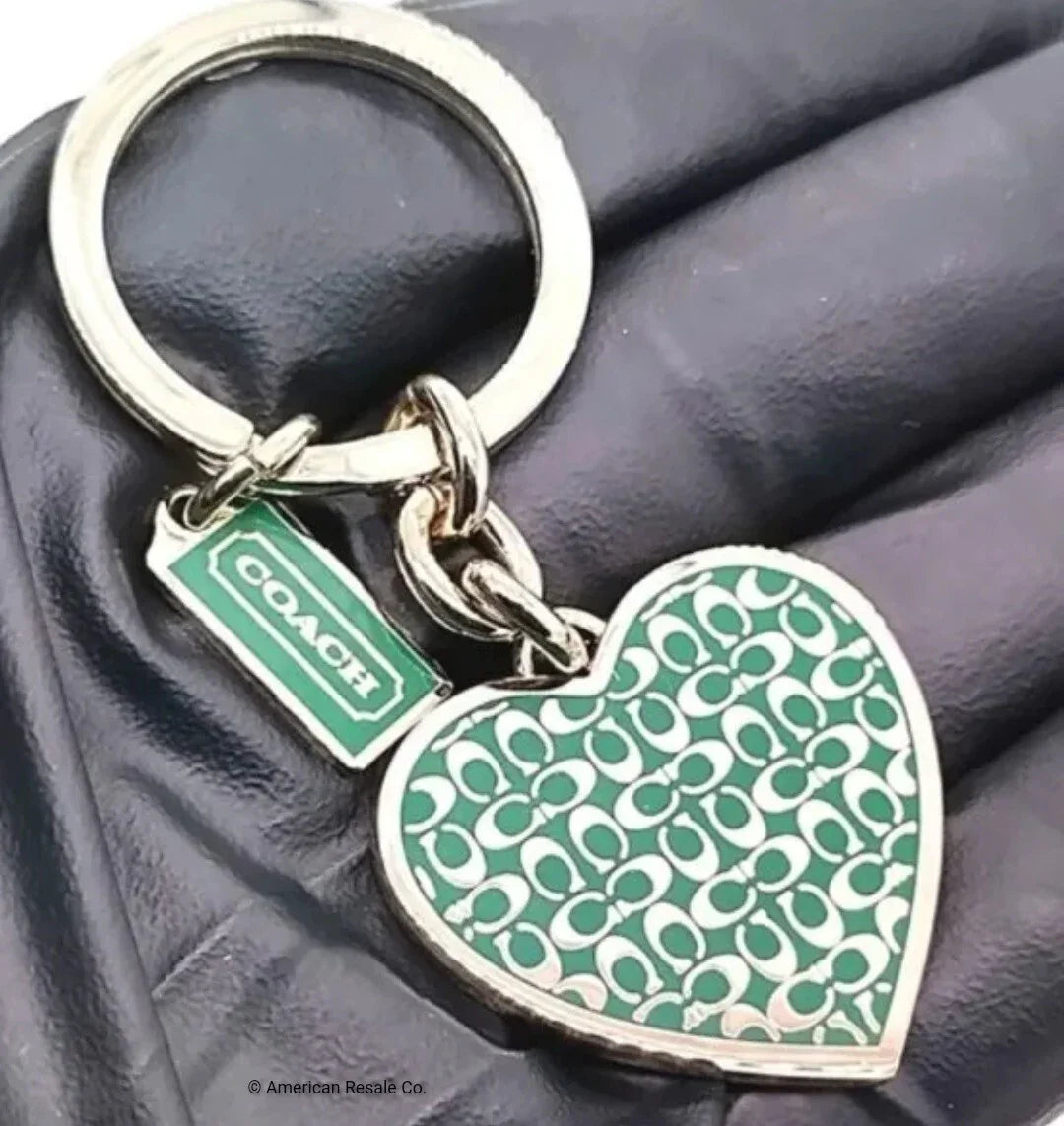 Large COACH Green Enamel SIGNATURE Heart Silver Keychain FOB Purse Charm-Rare