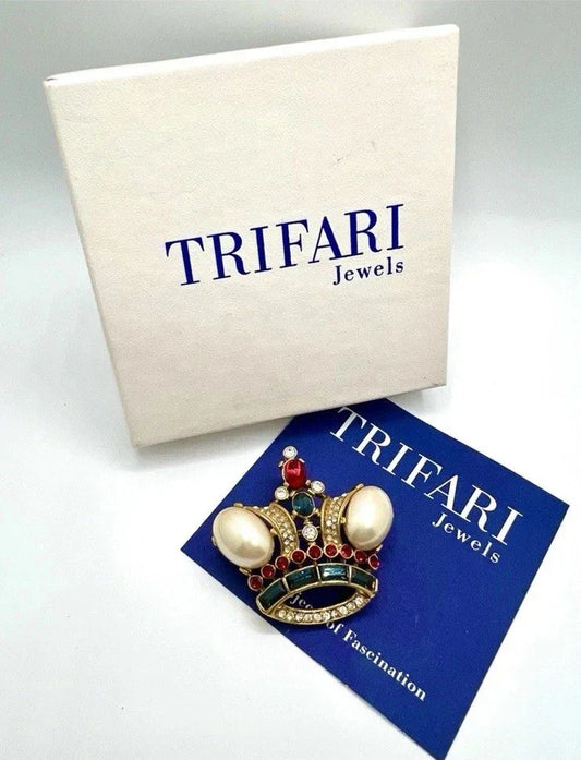 Vintage Alfred Philippe TRIFARI Jeweled RS Jelly Belly Crown Coronation Brooch