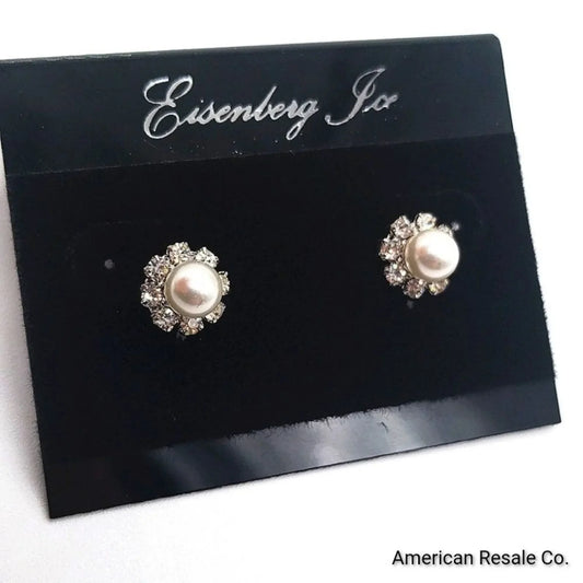 Vintage Eisenberg Ice Pearl Flower Pave Cubic Zirconia Silver Stud Earrings
