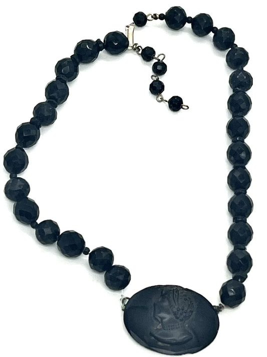 Antique Victorian French Jet Glass Woman Mourning Cameo Choker Necklace
