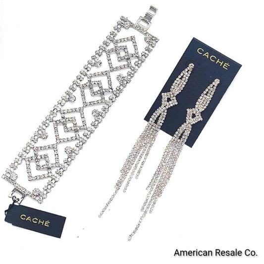 $130 CACHE Designer Crystal Tennis Bracelet and ChandelierEarrings Set-Silver