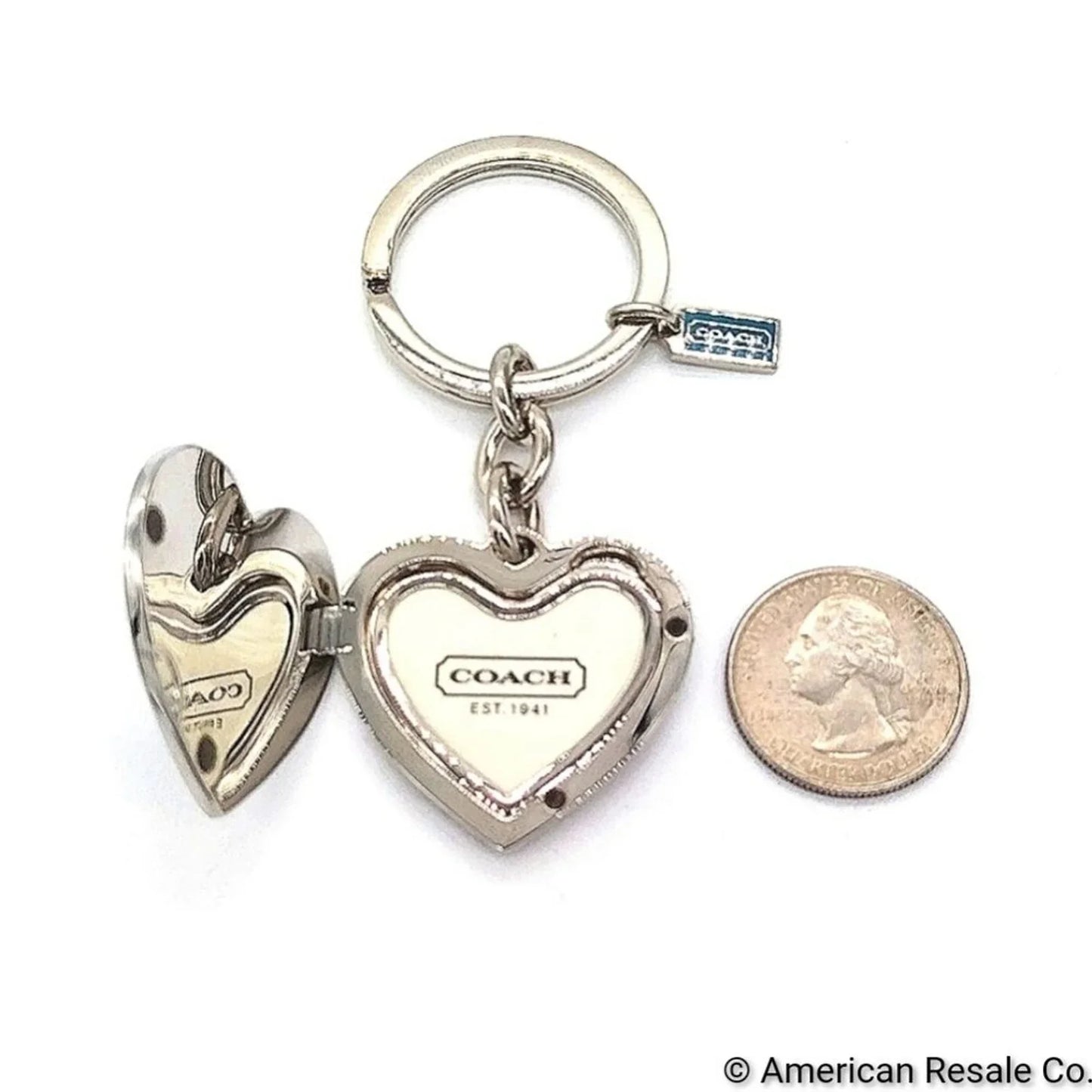 Rare COACH Sky Blue Large Heart Picture Locket Keychain Fob Purse Handbag Charm