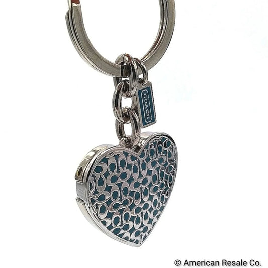 Rare COACH Sky Blue Large Heart Picture Locket Keychain Fob Purse Handbag Charm