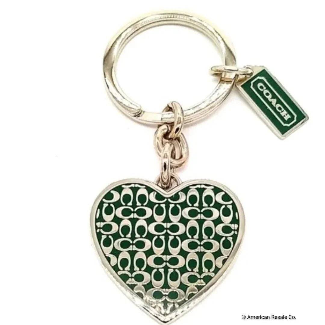 Large COACH Green Enamel SIGNATURE Heart Silver Keychain FOB Purse Charm-Rare