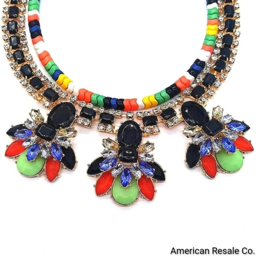 Susan Graver Style Gemstone Beaded Rainbow Statement Collar Necklace in Gold-QVC