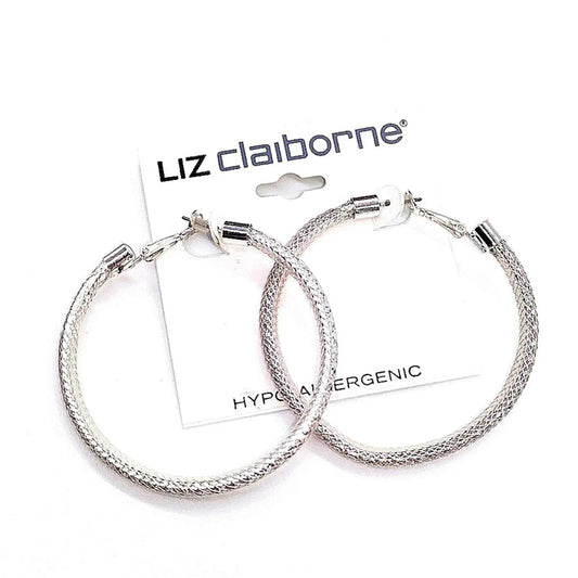New LIZ CLAIBORNE 2" Silver Hoop Earrings with Encased Cubic Zirconias