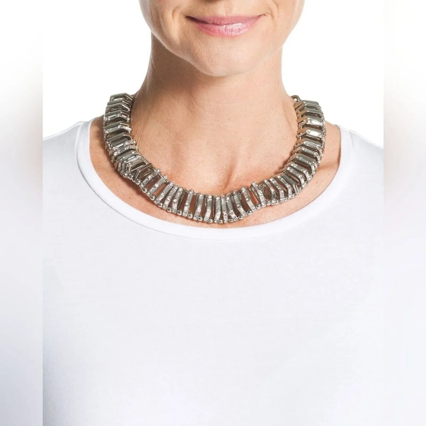 $70 CHICO'S Kimmi Short Bib Pave Crystal Silver Necklace NWT
