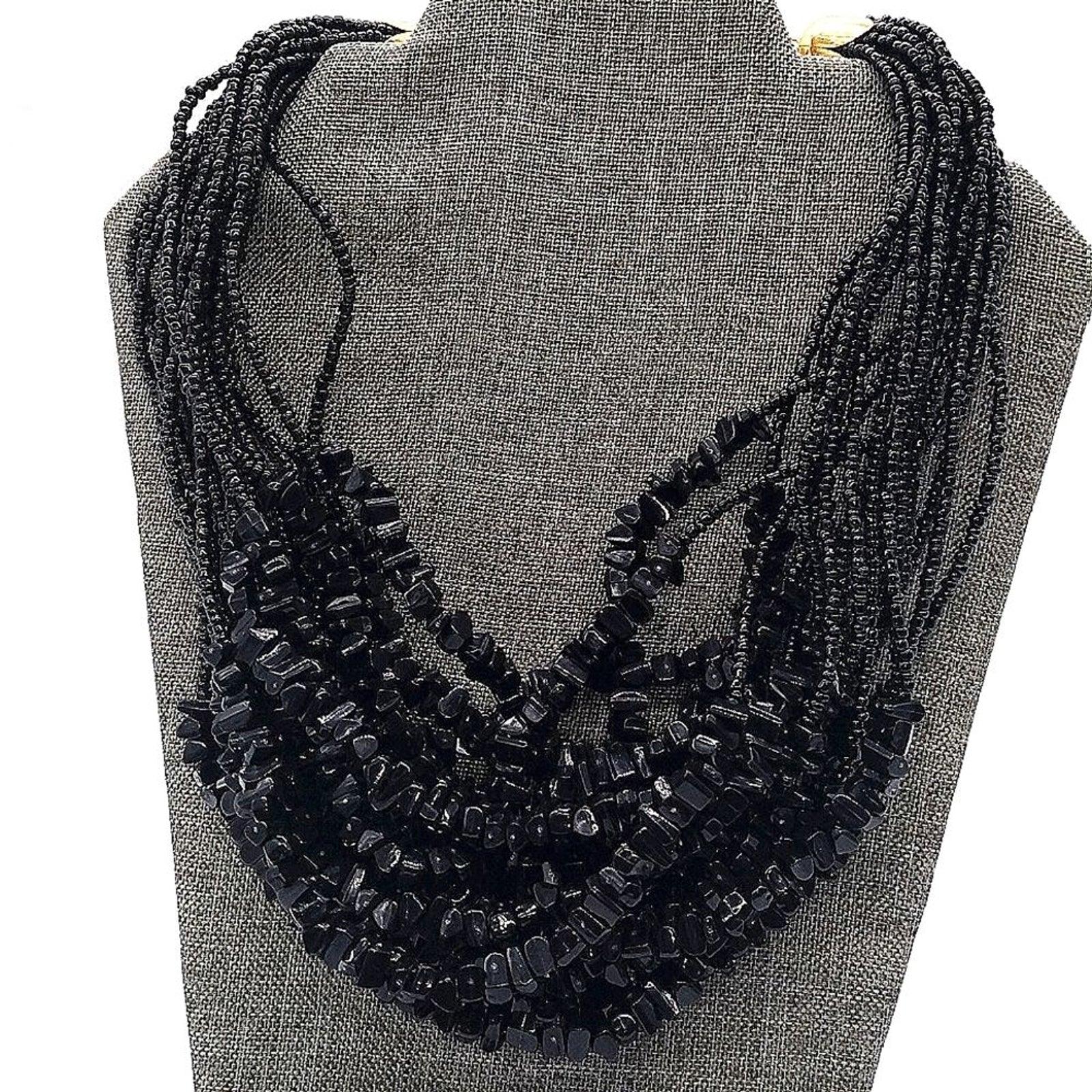 Linea Black Beaded Nugget Collar Bib Necklace by Louis Dell'Olio