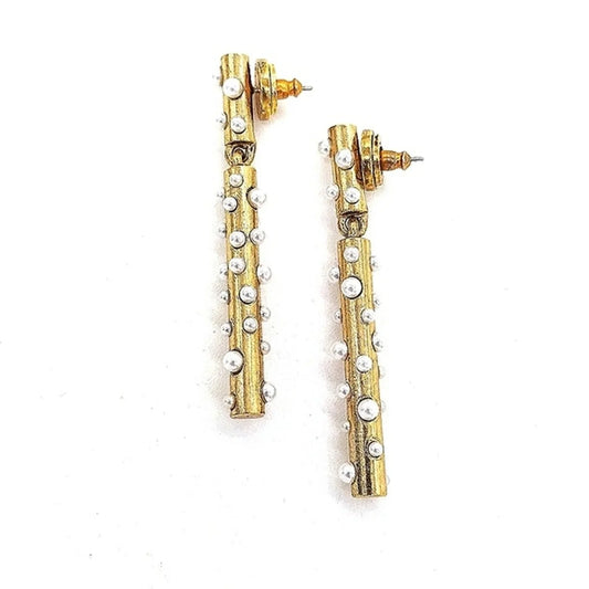 18K Gold plated Oscar De La Renta Glass Pearl Drop Dangle Bar Pillar Earrings