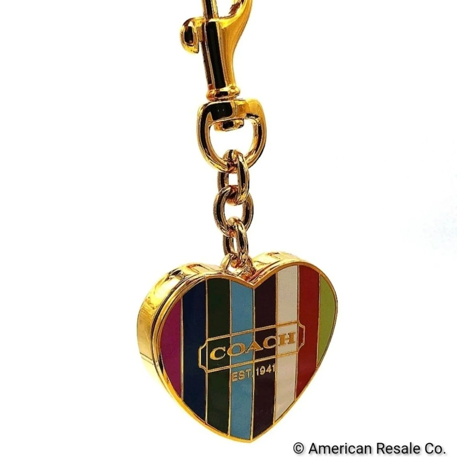 COACH Vintage Legacy Stripe Magnetic Heart Gold Locket Fob Keychain Poppy