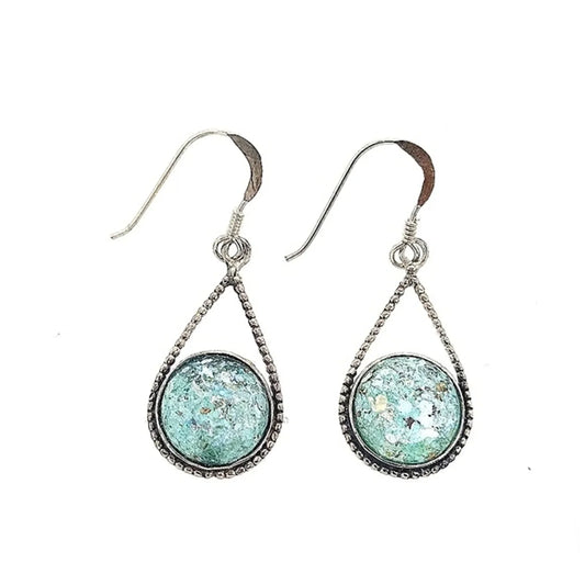 Roman Glass Dangle Drop Earrings in Sterling Silver .925