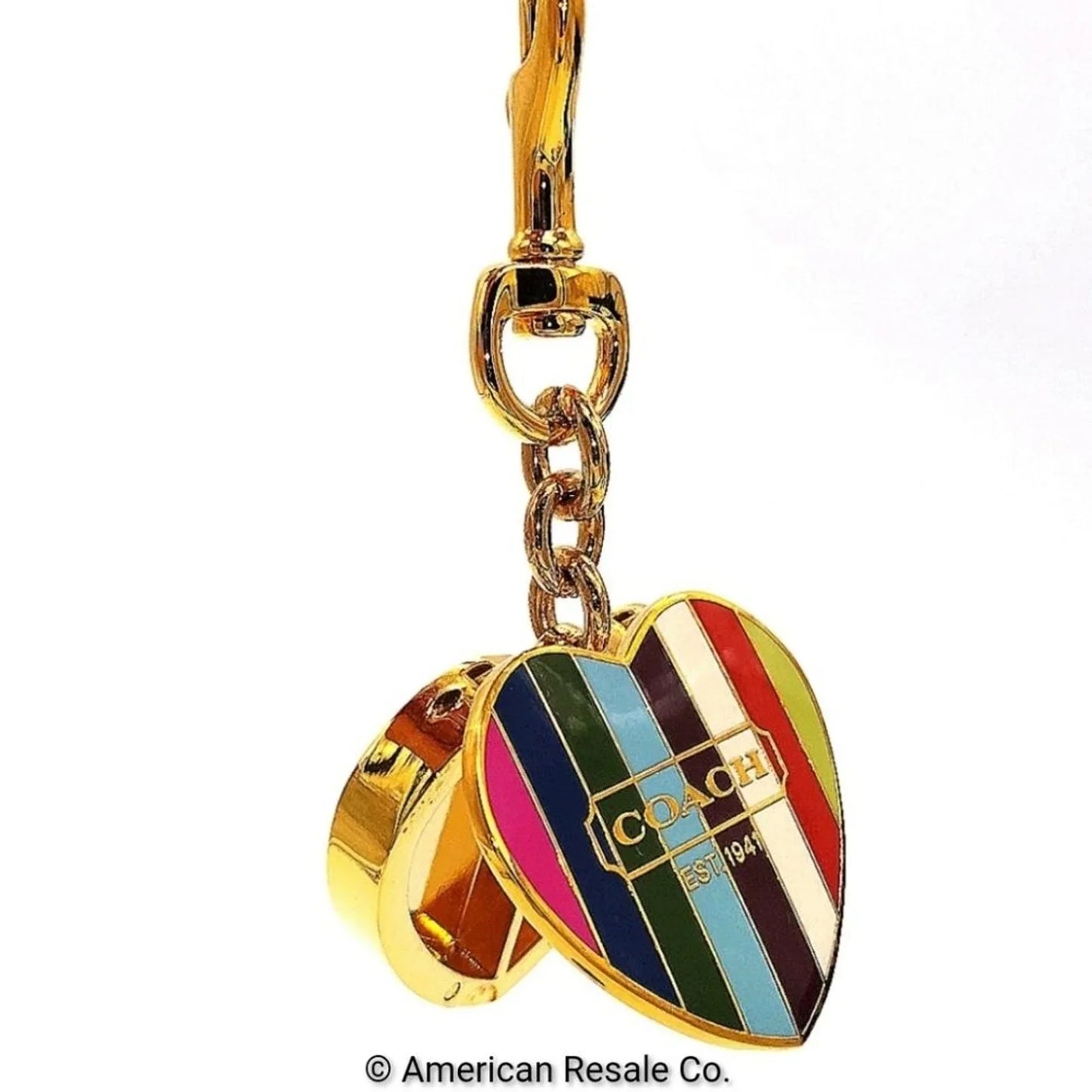 COACH Vintage Legacy Stripe Magnetic Heart Gold Locket Fob Keychain Poppy