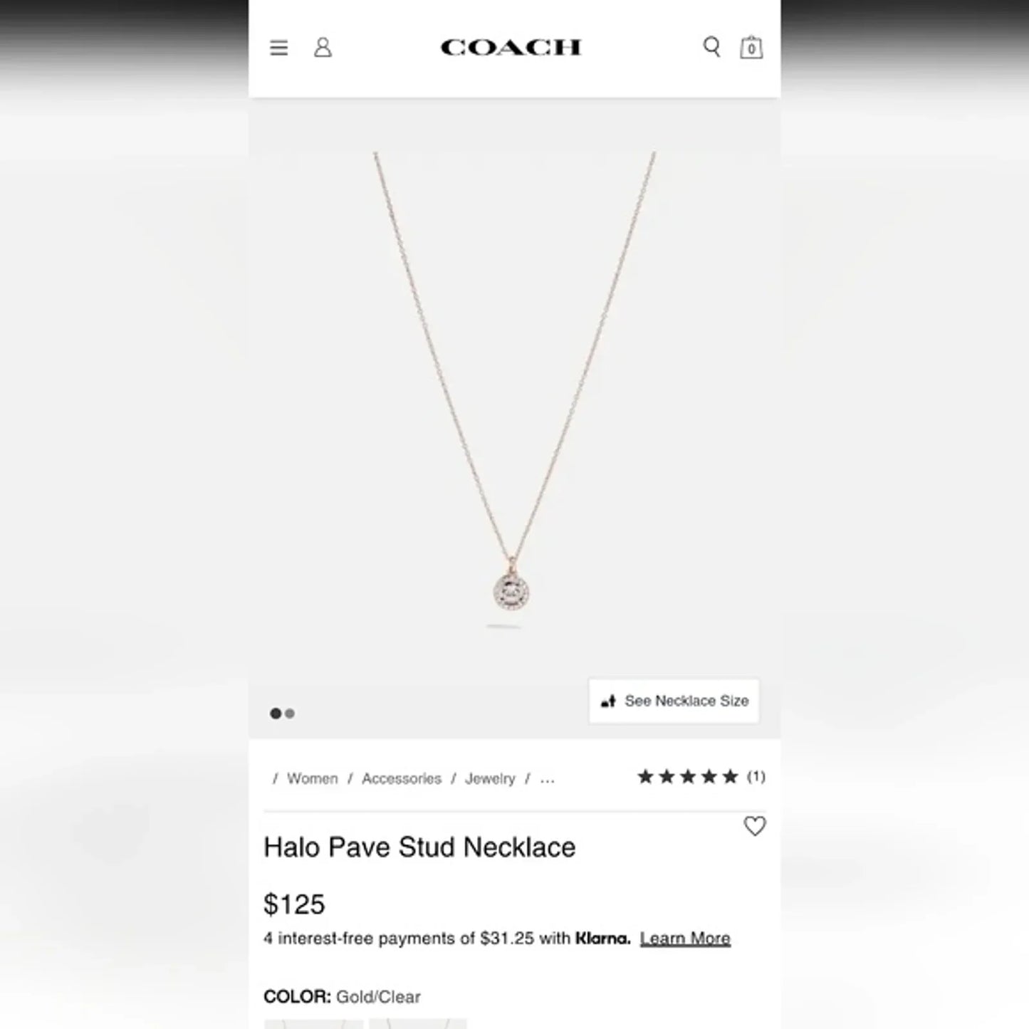 COACH Pave Halo Necklace in Gold NWT $125