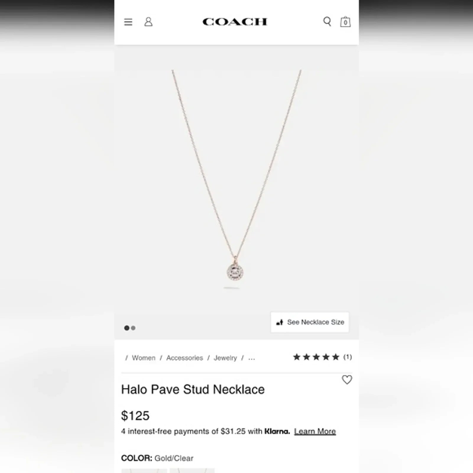 COACH Pave Halo Necklace in Gold NWT $125
