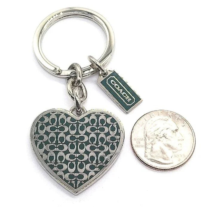 Large COACH Green Enamel SIGNATURE Heart Silver Keychain FOB Purse Charm-Rare