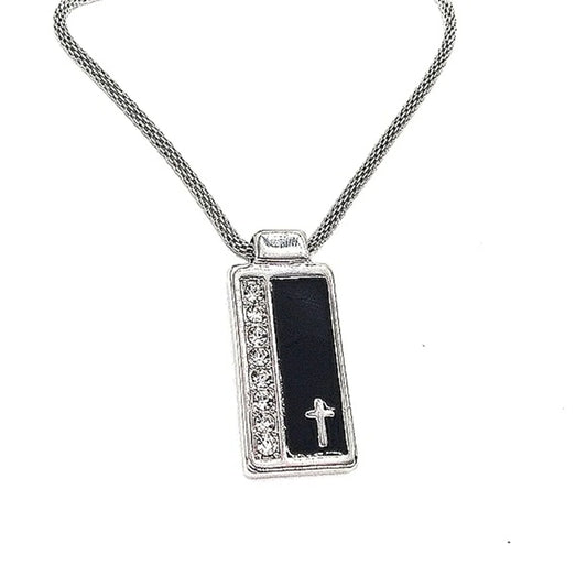 GUESS 24" Cross Dog Tag Bling Cubic Zirconia Crystal Necklace in Black & Silver