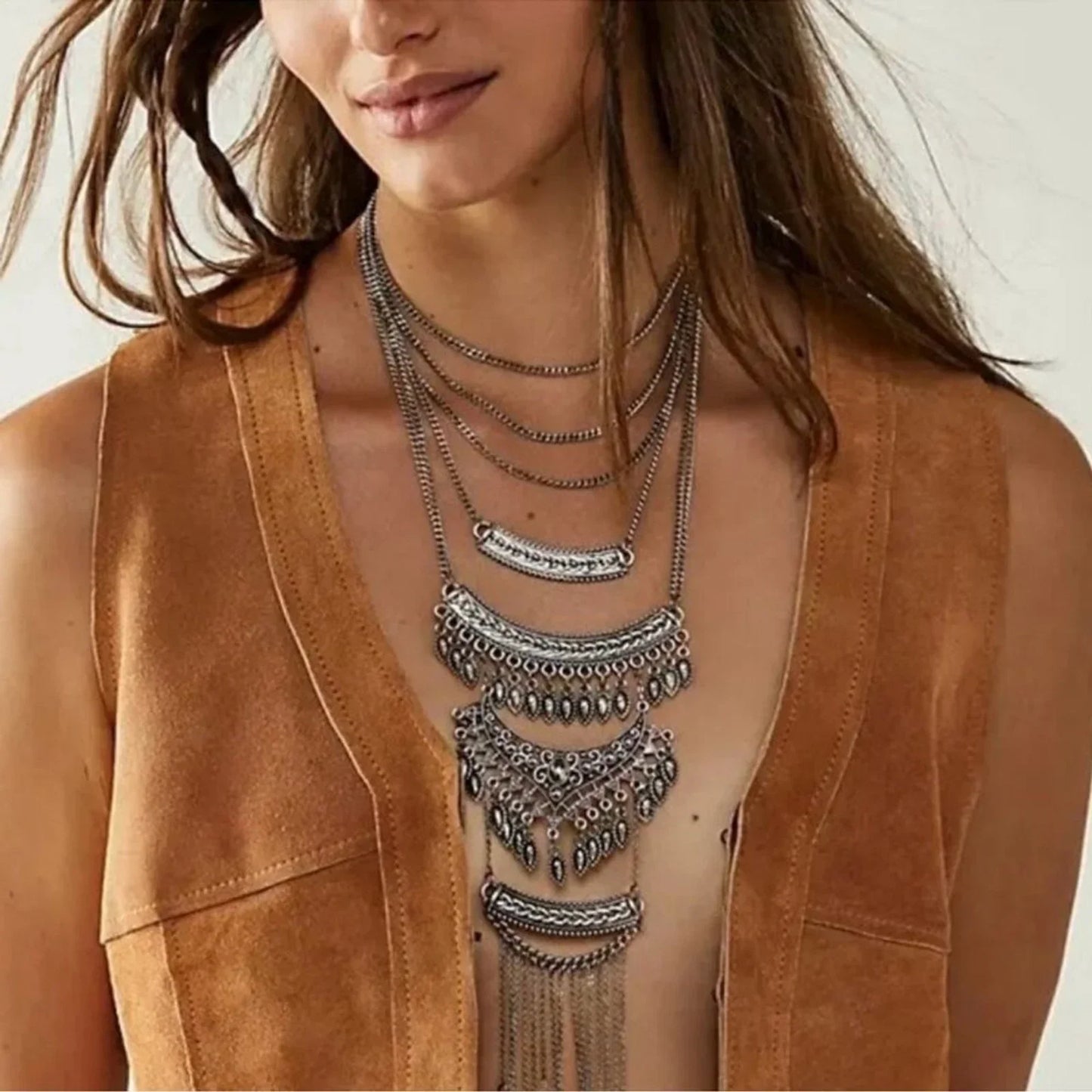 FREE PEOPLE Rapture Boho Layered Statement Necklace In Silver $87