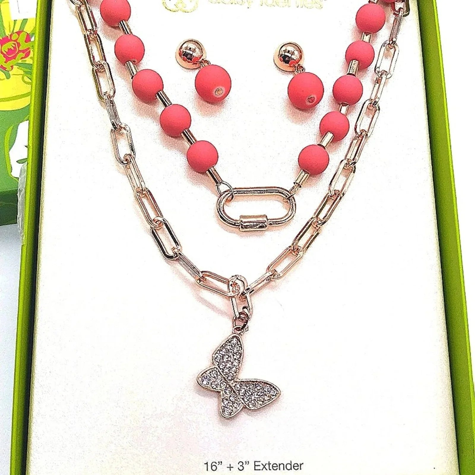 RARE DAISY FUENTES Gold Butterfly CZ Pendant Statement Necklace and earrings set