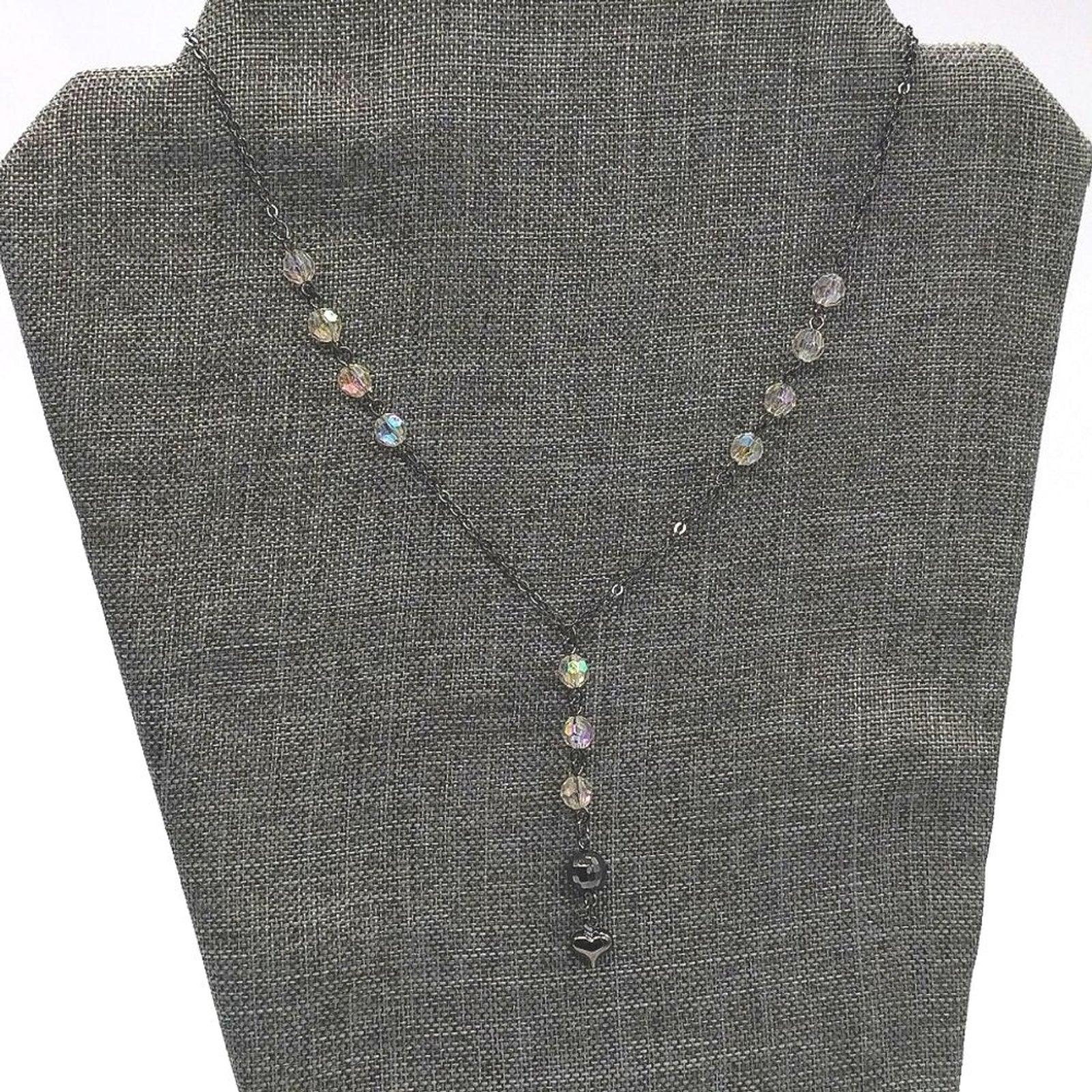 Vintage NAPIER Delicate Y Drop Beaded Heart Necklace-Gloss Black-1980-Rare-Black