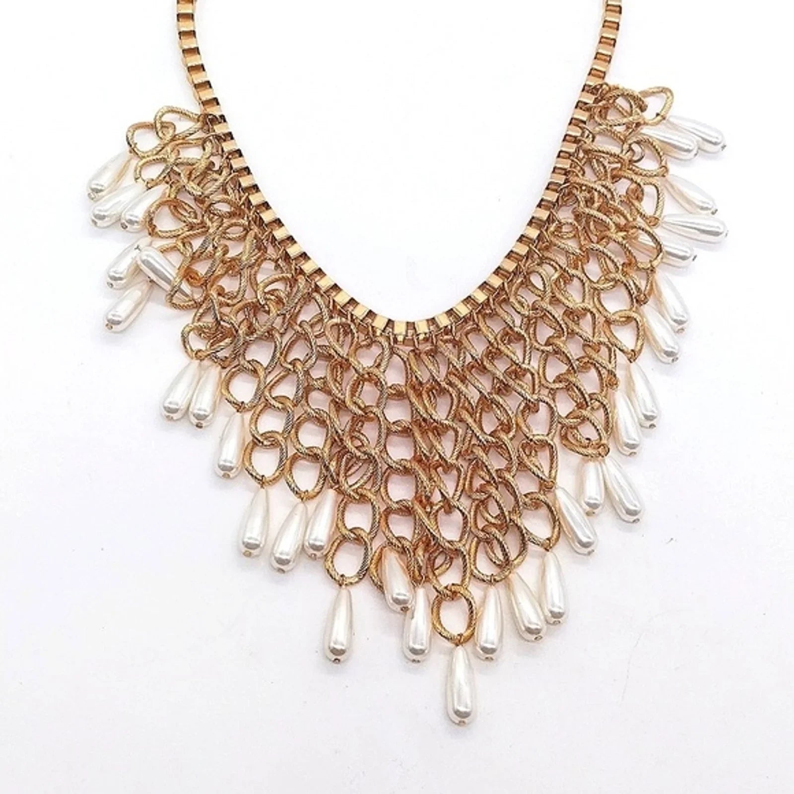 Stunning CHICO'S 20" Pearl Drops Statement  Necklace in Gold Tone Franco Chain