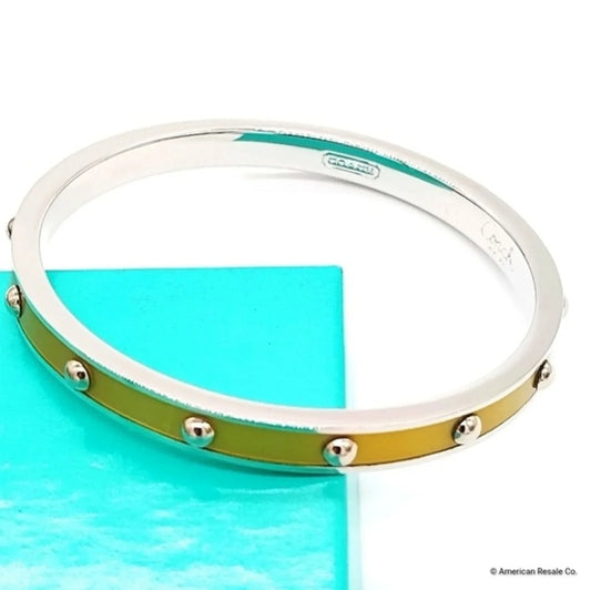 $68 COACH Yellow Enamel Silver 1/4" Nail Head Silver Bangle Bracelet - NWT