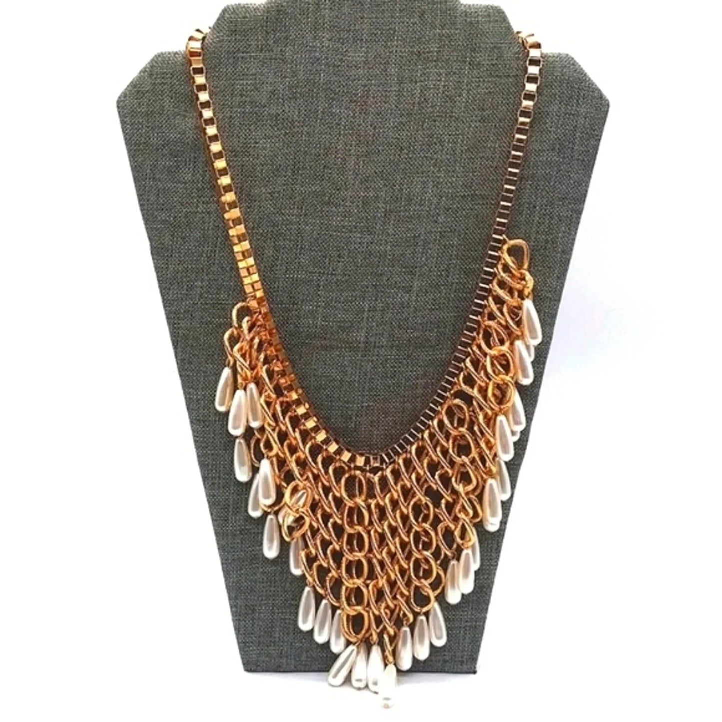 Stunning CHICO'S 20" Pearl Drops Statement  Necklace in Gold Tone Franco Chain