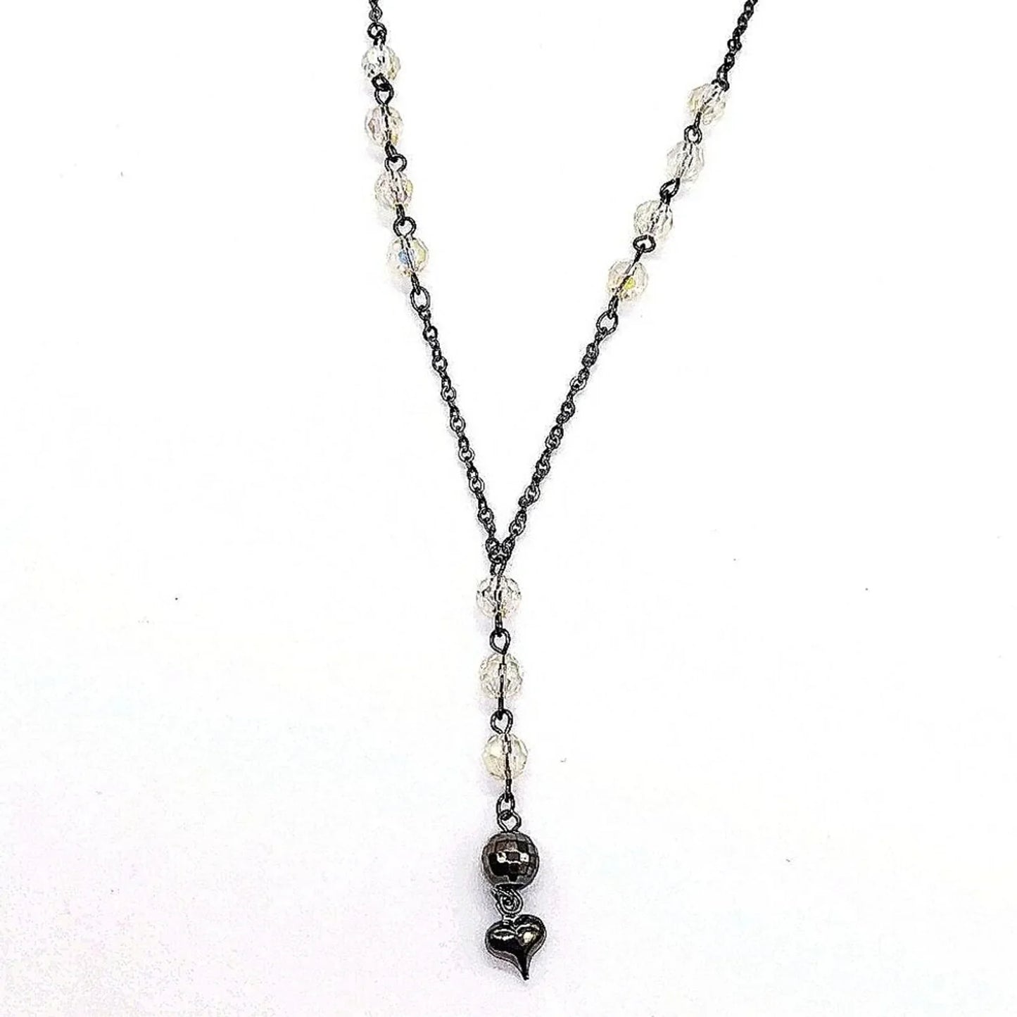 Vintage NAPIER Delicate Y Drop Beaded Heart Necklace-Gloss Black-1980-Rare-Black