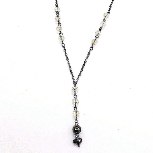 Vintage NAPIER Delicate Y Drop Beaded Heart Necklace-Gloss Black-1980-Rare-Black