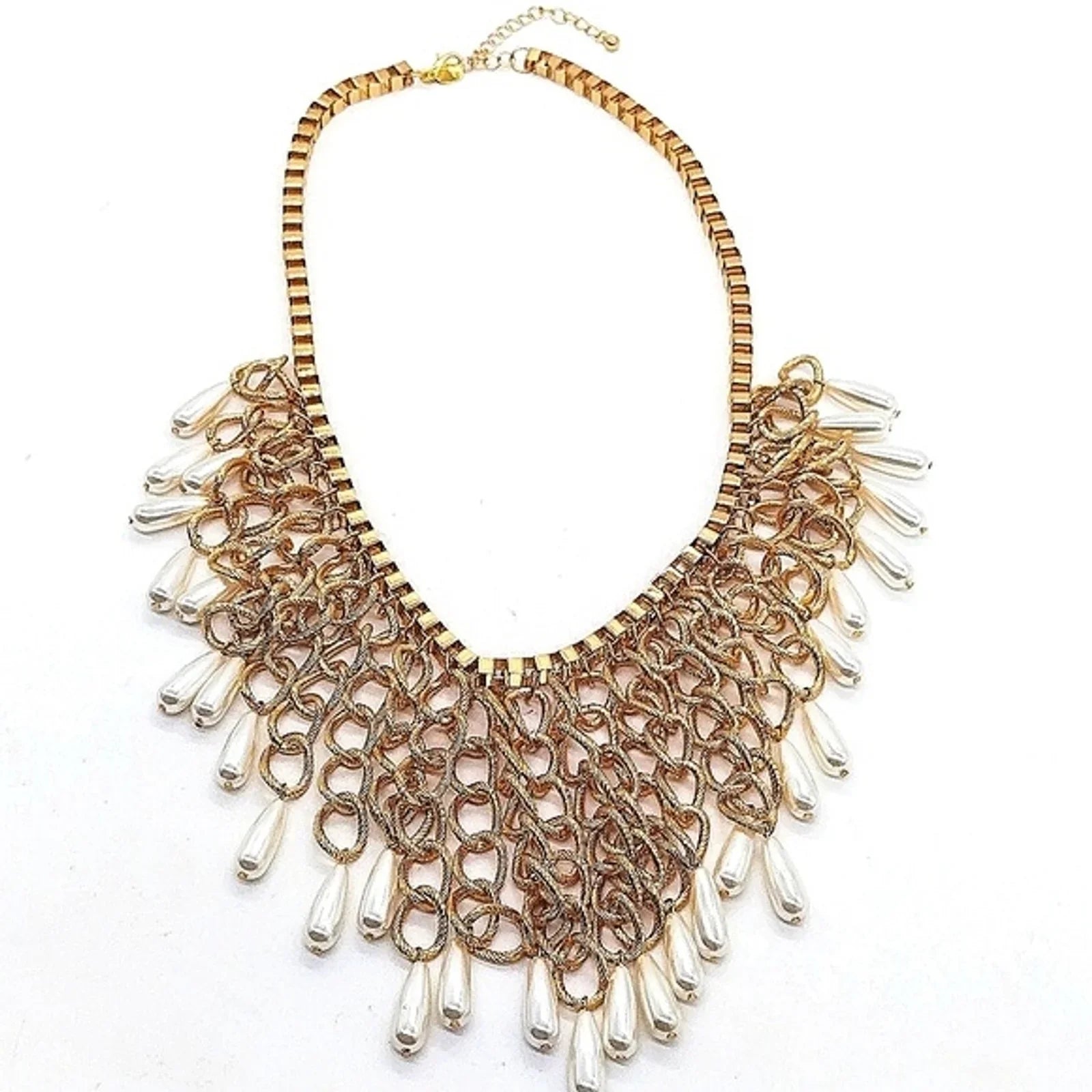 Stunning CHICO'S 20" Pearl Drops Statement  Necklace in Gold Tone Franco Chain