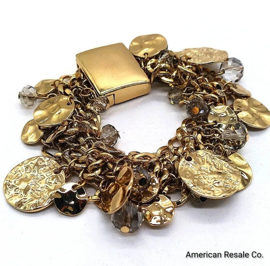 Vintage KJL Gold Hammered Disc Charm Bracelet-Aurora Borealis-Kenneth Jay Lane