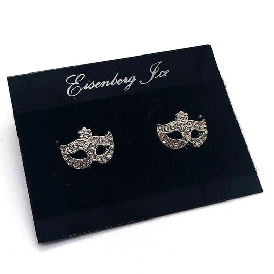 Vintage Eisenberg Ice Masquerade Mask Pave Crystal Stud Earrings-Rare!
