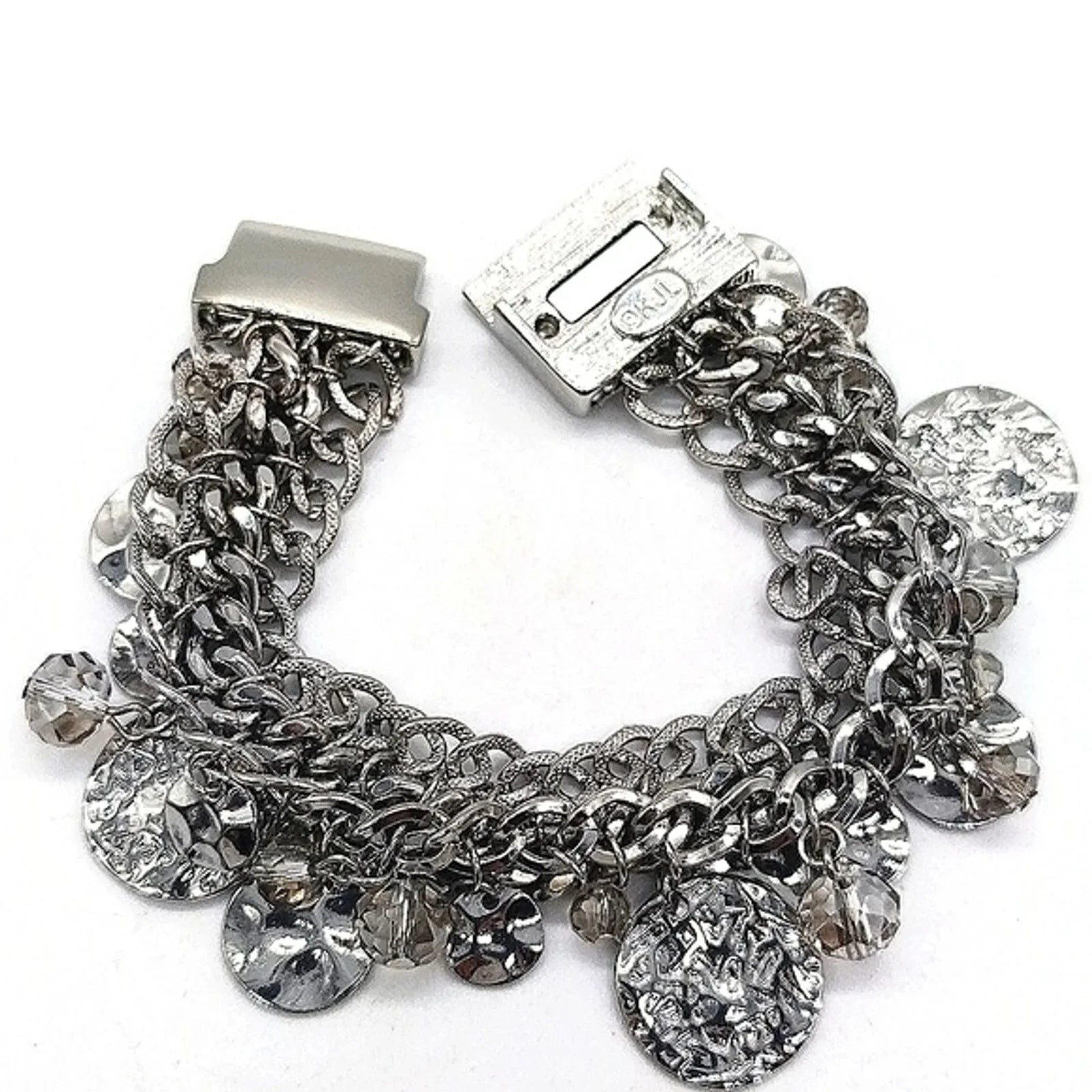Vintage KJL Silver Hammered Disc Charm Bracelet-Aurora Borealis-Kenneth Jay Lane